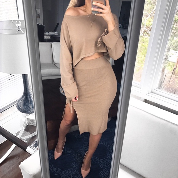 🆕 BEIGE MIDI SKIRT & CROP TOP LOUNGE 2-PIECE SET - Picture 5 of 8